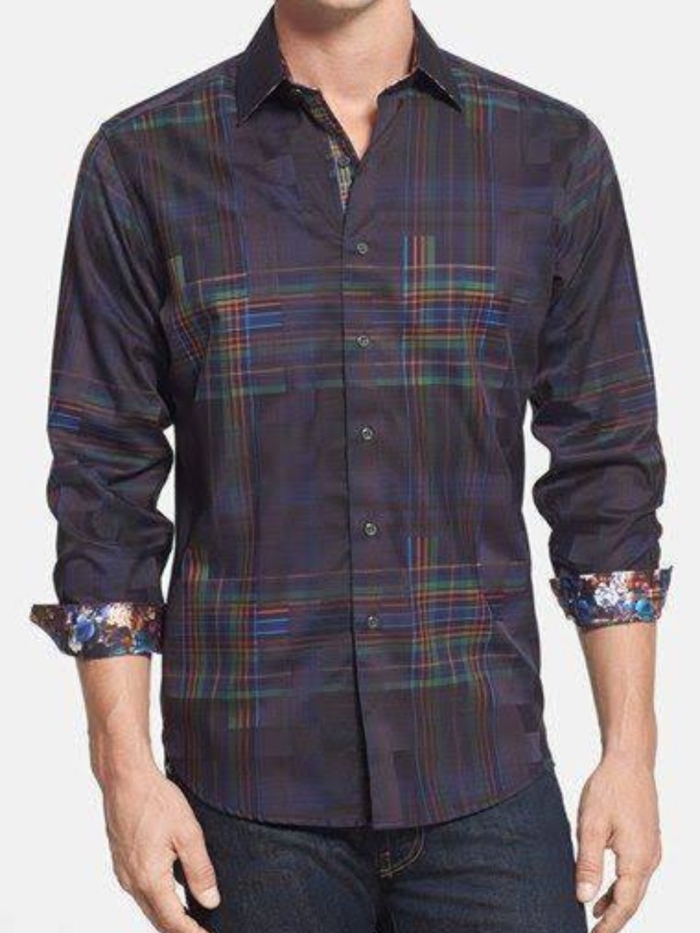 Robert Graham Dark Plaid Classic Fit Button Down Shirt Floral Flip Cuff